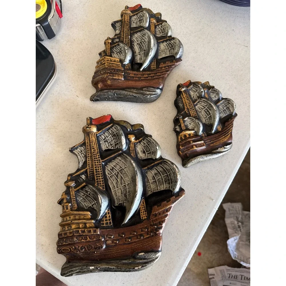 Vintage Nautical Pirate Ship Wall Decor 3D Galleon Plaques Set of 3 Bronze Gold